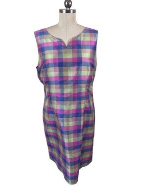 VTG 90s Pure & Simple Pastel Madras Plaid Sheath Dress Womens 14 Silk Preppy
